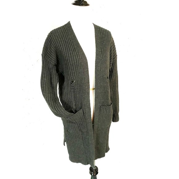 Sadie & Sage, EUC, Distressed Sweater, Open Front,  Charcoal Gray Cardigan, Med - Picture 7 of 14